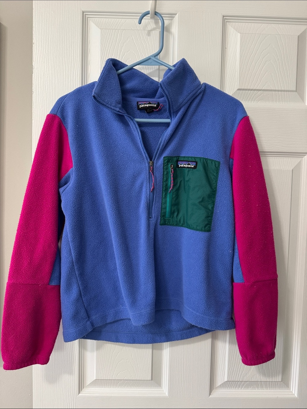 VINTAGE Patagonia Blue Fleece Jacket with Pink Sleeves and Green Pocket